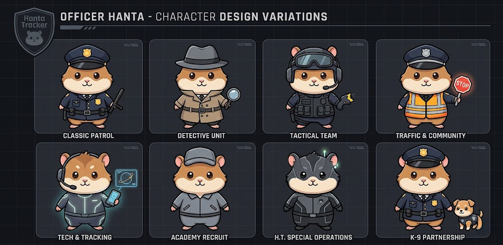 Officer Hanta — eight character design variations including classic patrol, detective unit, tactical team, traffic & community, tech & tracking, academy recruit, special operations, and K-9 partnership.